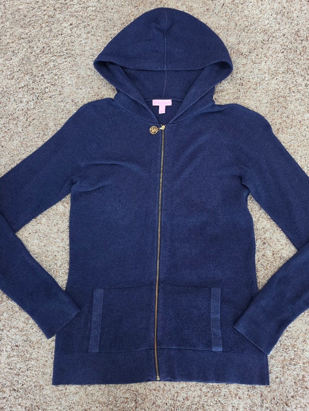 Lilly Pulitzer Josephine Navy Hooded Zip Sweater with Gold Zip